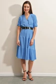 Kadın Kemerli Kruvaze Elbise Mavi - 1