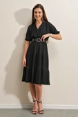 Kadın Kemerli Kruvaze Elbise Siyah - 2