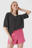 Kadın Çizgili Oversize Tshirt Siyah - 3
