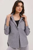 Kadın Tek Cep  Çizgili Oversize Gömlek Gri - 3