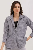 Kadın Tek Cep  Çizgili Oversize Gömlek Gri - 1