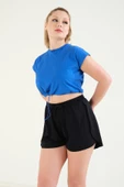 Kadın Bel Lastikli Crop T-Shirt Saks Mavi - 2