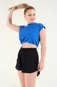Kadın Bel Lastikli Crop T-Shirt Saks Mavi - 4