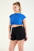Kadın Bel Lastikli Crop T-Shirt Saks Mavi - 3
