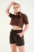 Kadın Crop T-Shirt Kahverengi - 3