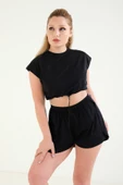 Kadın Bel Lastikli Crop T-Shirt Siyah - 4