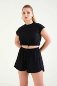 Kadın Bel Lastikli Crop T-Shirt Siyah - 2