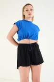 Kadın Bel Lastikli Crop T-Shirt Saks Mavi - 1