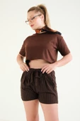 Kadın Crop T-Shirt Kahverengi - 4