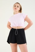 Kadın Bel Lastikli Crop T-Shirt Pembe - 1