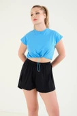 Kadın Bel Lastikli Crop T-Shirt Mavi - 5
