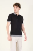 Erkek Renkli Yaka Yarım Fermuarlı Polo Yaka Merserize T-Shirt Siyah - 1