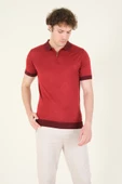 Erkek Renkli Yaka Yarım Fermuarlı Polo Yaka Merserize T-Shirt Bordo - 1