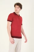 Erkek Renkli Yaka Yarım Fermuarlı Polo Yaka Merserize T-Shirt Bordo - 2