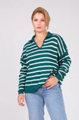 Kadın Polo Yaka İnce Çizgili Triko Kazak Zümrüt thumbnail 2