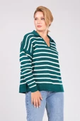 Kadın Polo Yaka İnce Çizgili Triko Kazak Zümrüt thumbnail 1