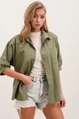 Kadın Overize Kısa Kol Gömlek Haki - 2