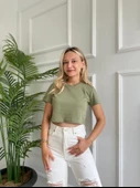 Kadın Basic Crop Tshirt Haki - 3