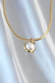 316L Çelik Gold Renk Yassı Zincir İnci Taşlı Kolye - EBJ240807W25480 - 1