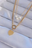 316L Çelik Gold Renk Çift Zincir İnci Detayı Love Kalp Kolye - EBJ240807W25630 - 1
