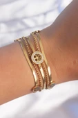 316L Çelik Gold Renk İtalyan Zincir Detaylı Zirkon Taşlı Yaşam Ağacı Tasarımlı Çoklu Bileklik - EBJ240807W25659 thumbnail 1