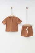 Kahverengi %100 Pamuklu Unisex Bebek Alt Üst 2'li Şortlu Takım thumbnail 1