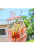 Happy Day Havuç Desenli Tavşan  Figürlü Cam Pipetli Kapaklı Cam Bardak Kupa Dekoratif Hediyelik - 1