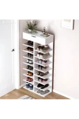 aden home senin evin senin dünyan Beyaz MDF Ayakkabılık, 16 Raflı Çekmeceli Basamaklı Dekoratif Ayakkabılık, 146x56cm, MAYK09 - 1