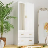 aden home senin evin senin dünyan 2 Kapaklı Aynalı Gardırop, %100 MDF Beyaz Gardırop, Elbise Dolabı, Kapaklı Çekmeceli Beyaz Gardırop - 2