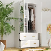 aden home senin evin senin dünyan 2 Kapaklı Aynalı Gardırop, %100 MDF Beyaz Gardırop, Elbise Dolabı, Kapaklı Çekmeceli Beyaz Gardırop - 5