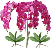 4lü Set Yapay Çiçek Fuşya Islak Orkide ve 2 Adet Orkide Yaprağı Gerçeksi Doku Uzun Dal 90cm - 1