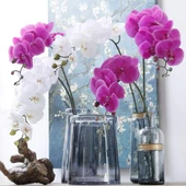 4lü Set Yapay Çiçek Fuşya Islak Orkide ve 2 Adet Orkide Yaprağı Gerçeksi Doku Uzun Dal 90cm - 6