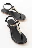 Siyah Gümüş Taşlı Parmak Arası Kadın Sandalet thumbnail 4