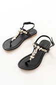 Siyah Gümüş Taşlı Parmak Arası Kadın Sandalet thumbnail 5