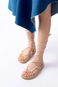 Bej Bilekten Bağcıklı Kadın Sandalet thumbnail 4