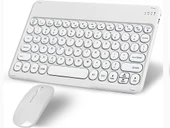Apple iPad 7. Nesil 10.2" Uyumlu Kablosuz Bluetooth Şarj Edilebilir Yuvarlak Tuşlu Klavye Mouse Seti - Beyaz - 1