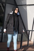 Kışlık Kapüşonlu Uzun Kadın Şişme Tesettür Mont - 5