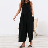 Keten Yazlık Günlük Sırt Dekolteli Salaş Kadın Tulum - 1