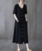 Keten Günlük Rahat V Yaka Beli Büzgü Detaylı Düğmeli Elbise thumbnail 2