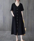 Keten Günlük Rahat V Yaka Beli Büzgü Detaylı Düğmeli Elbise thumbnail 4