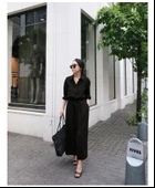 Keten Günlük Rahat Beli Bağcık Detaylı Uzun Kol Elbise thumbnail 1