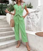 Keten Kadın V Yaka Tek Sıra Düğmeli Kolsuz Tulum - 1