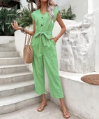 Keten Kadın V Yaka Tek Sıra Düğmeli Kolsuz Tulum thumbnail 1