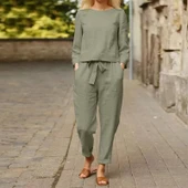 Keten Günlük Rahat Beli Kemerli Kadın İkili Takım Alt Üst thumbnail 1