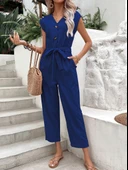 Lacivert Keten Kadın V Yaka Tek Sıra Düğmeli Kolsuz Tulum thumbnail 2