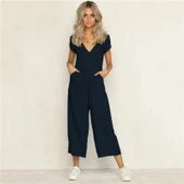 Bürümcük Günlük Yazlık V Yaka Kısa Paça Tasarım Kadın Tulum - 3