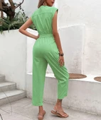 Keten Kadın V Yaka Tek Sıra Düğmeli Kolsuz Tulum - 1