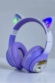Torima HD11 Mor Sevimli Kedi Karikatür Kulak Led Işıklı 5.3 Bluetooth Kulak Üstü Kulaklık - 2