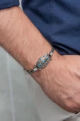 Mavi 3 Taşlı 925 Gümüş Erkek Bileklik Künye - 1