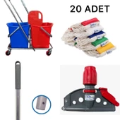 MCK Çift Kovalı Islak Mop Setli Paspas Arabası Temizlik Arabası 20 Adet Islak MOP - 1